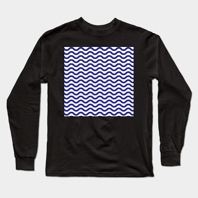 Dark Blue Wavy Lines Pattern Long Sleeve T-Shirt by 2CreativeNomads